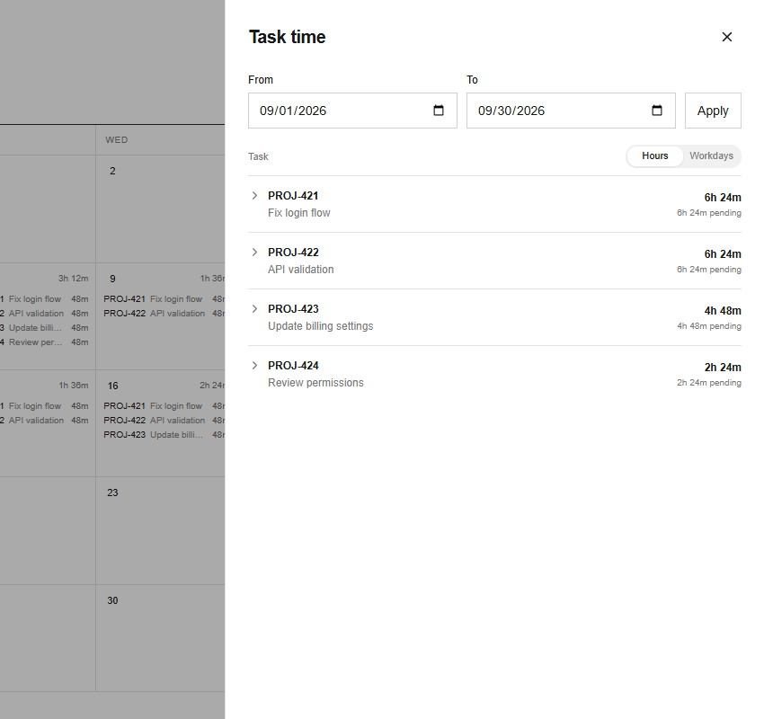 Task time summary open beside the COMA calendar